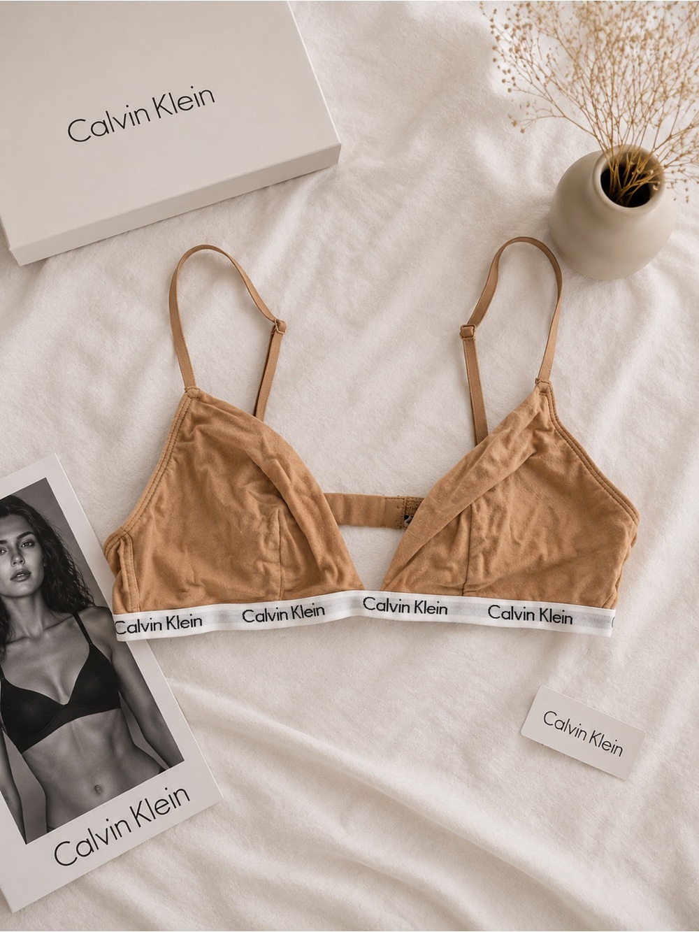 calvin klein cotton triangle bra tan - size large